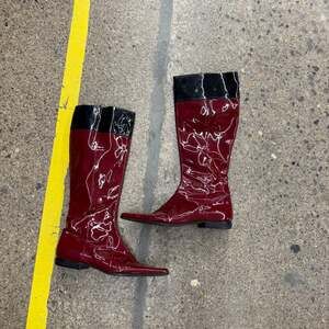 Vintage Burberry Burgundy Patent Leather Knee High Riding Boots with Black Trim